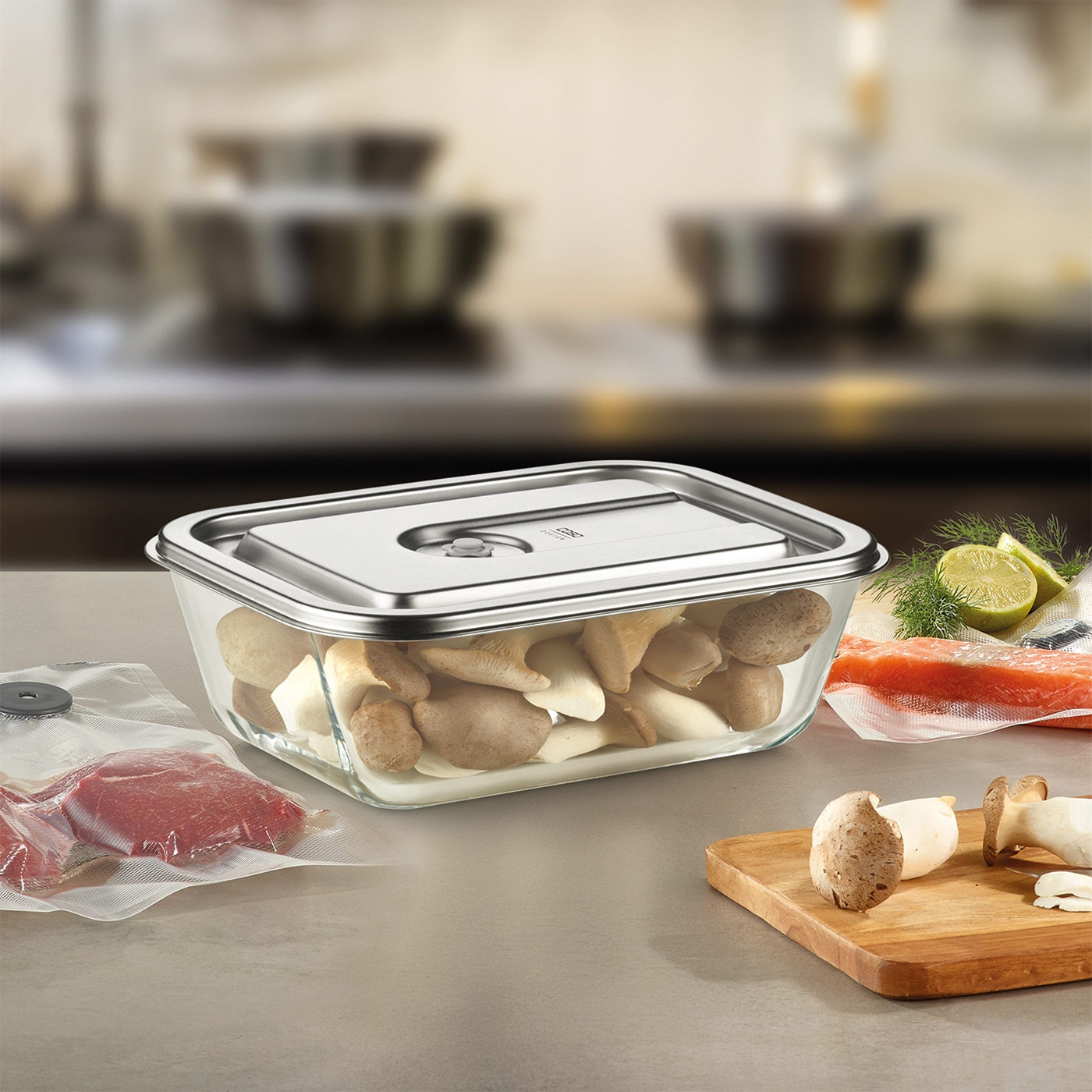 Glass container with mushrooms, meat, fish, and lemon on a kitchen table setting.