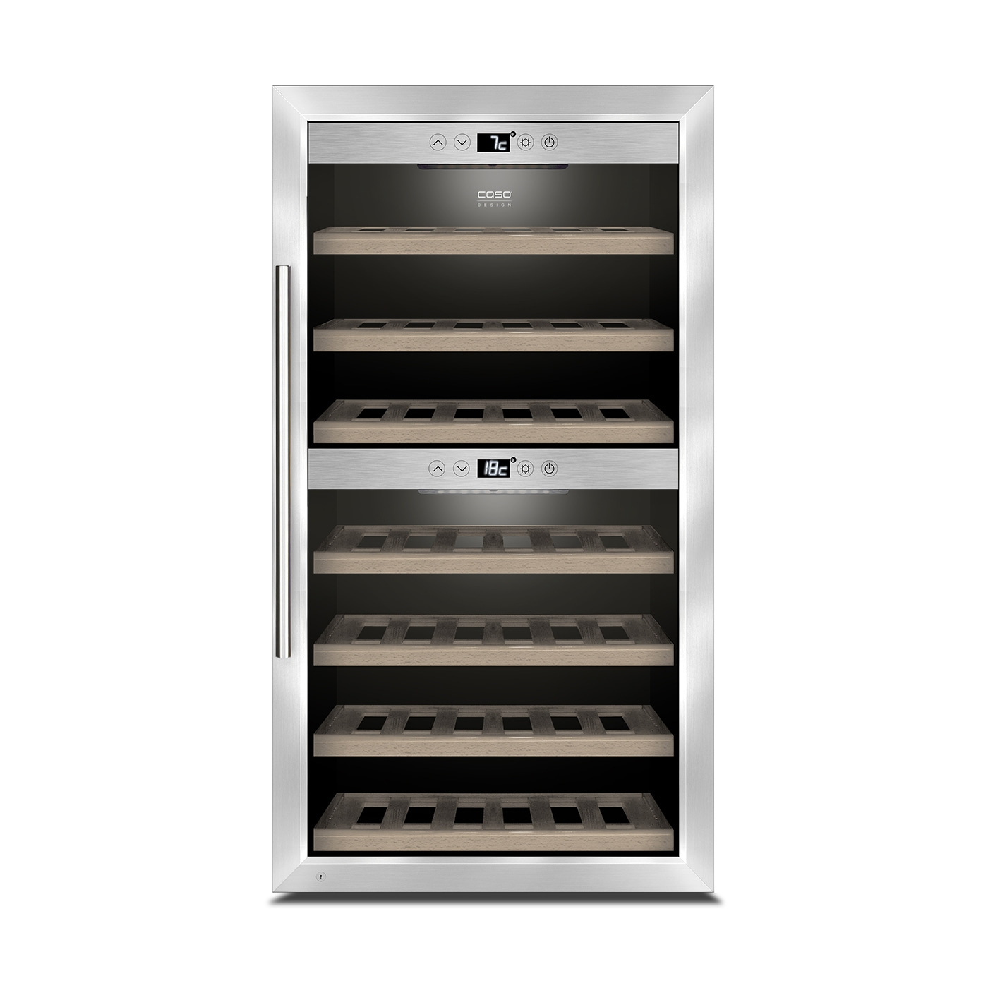 Wine cooler with glass door, wooden shelves, and temperature display