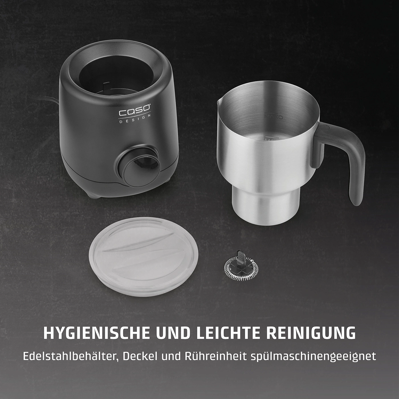 Milchaufschäumer mit Edelstahlbehälter, Deckel und Rühreinheit. Hygienische und leichte Reinigung.