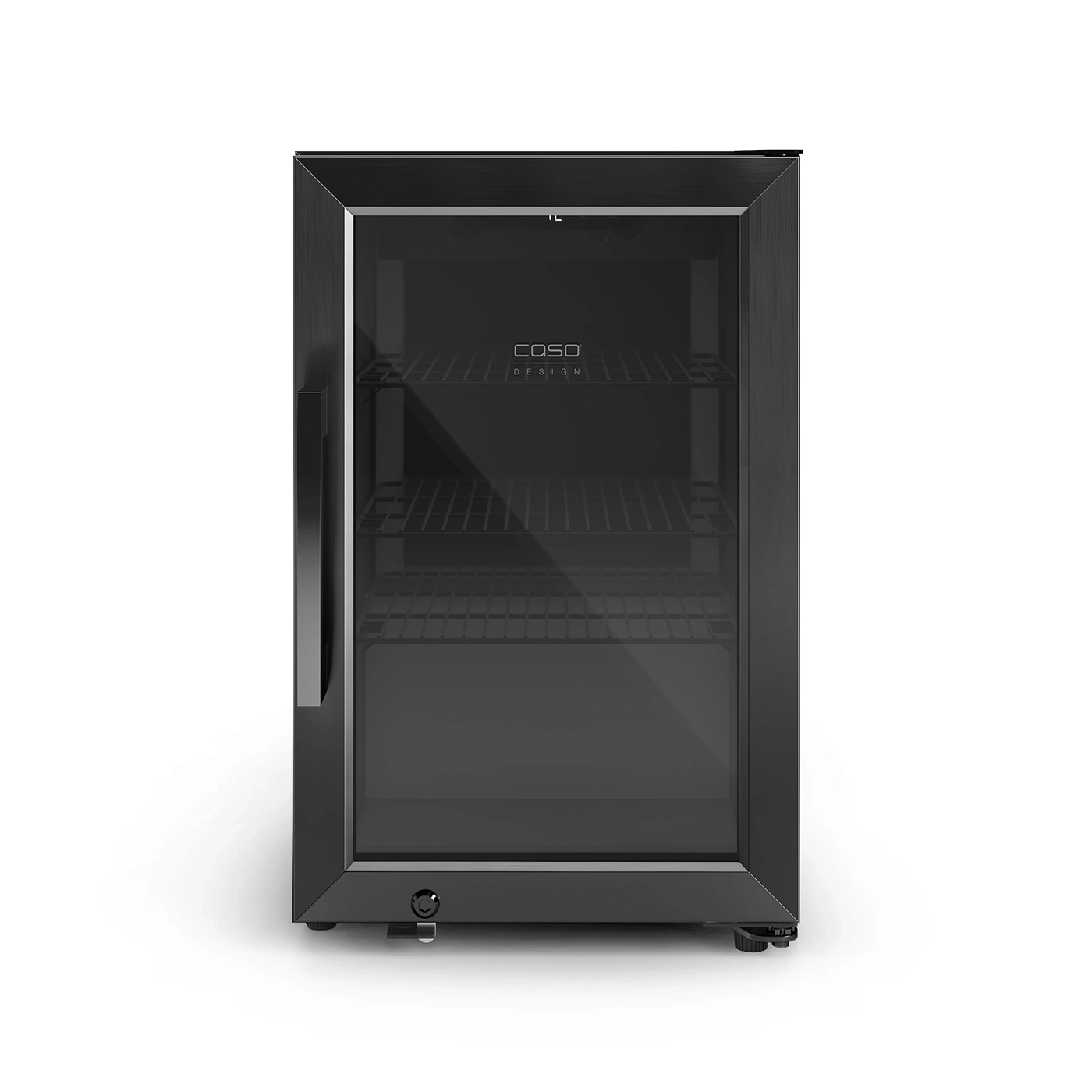 Schwarzer Kühlschrank mit Glasfront und Caso Design Logo, isoliert auf weißem Hintergrund.