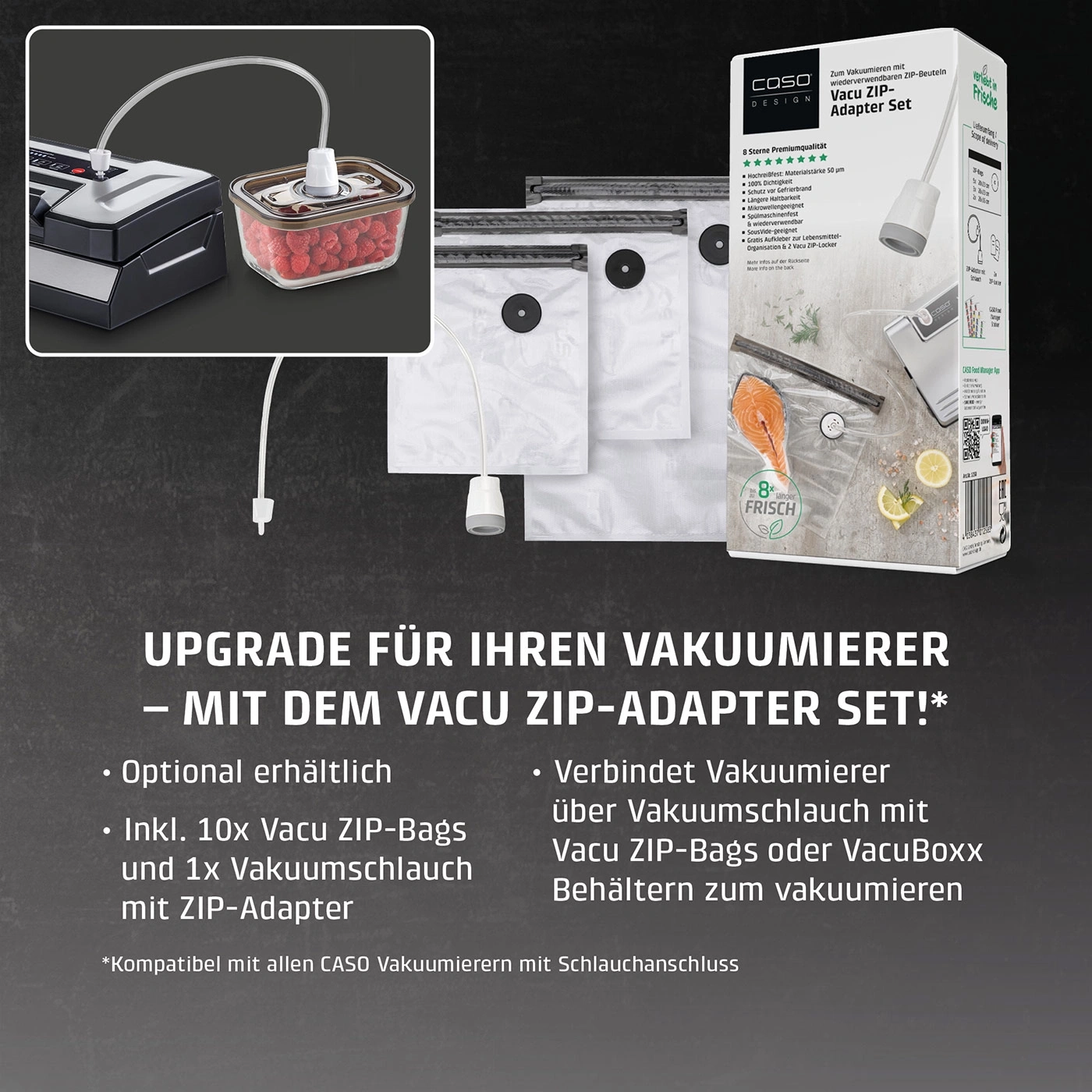CASO Vacu ZIP-Adapter Set mit Vakuumierbeuteln und Schlauch für längere Frische