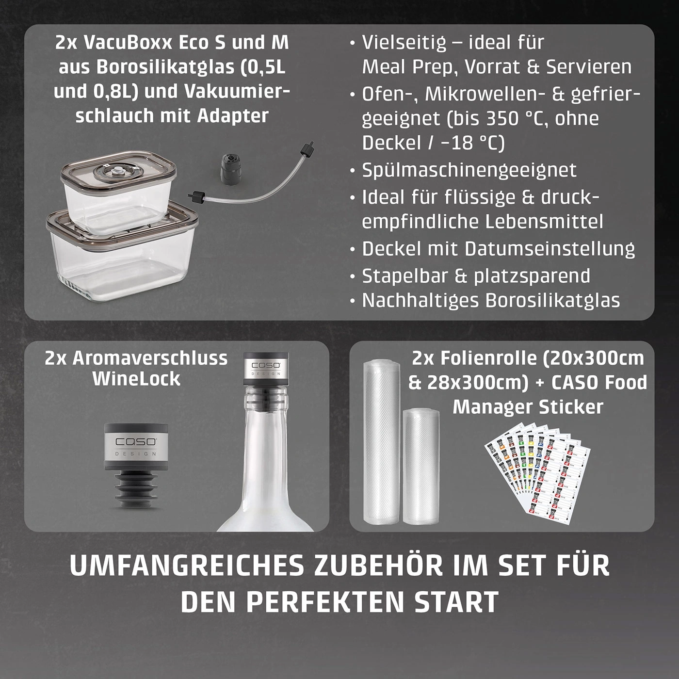 Zubehör für Vakuumiergerät: Glasbehälter, Weinverschluss, Folienrollen und Aufkleber.