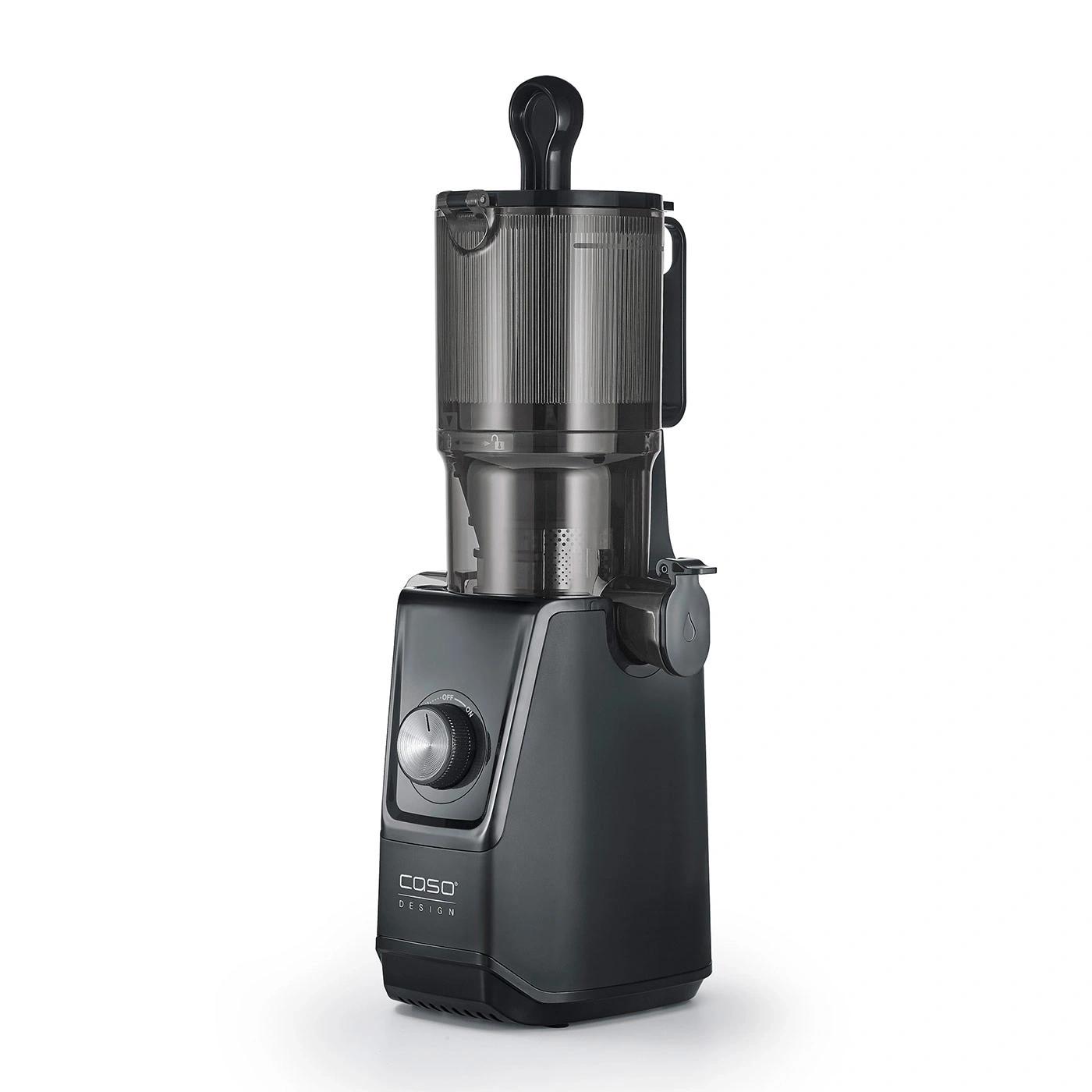 Black Caso Design juicer with dial and container for juice, modern kitchen appliance.