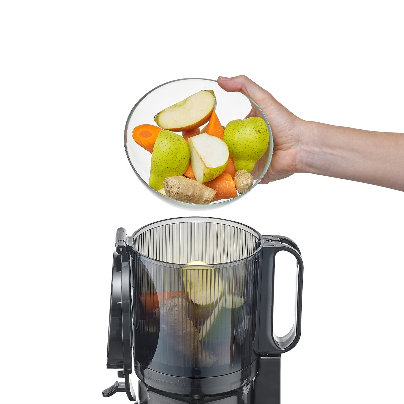 Hand holding bowl of fruits and vegetables over food processor