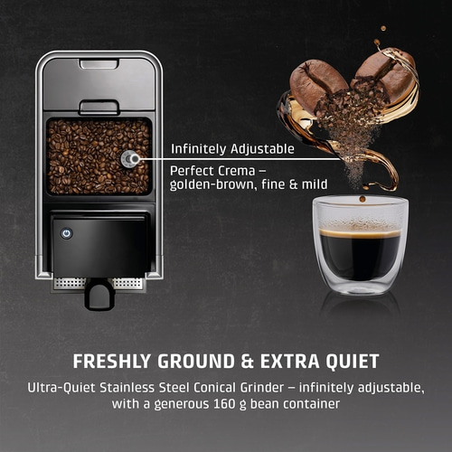 Coffee machine with freshly ground beans, golden brown crema, quiet grinding, 160g capacity