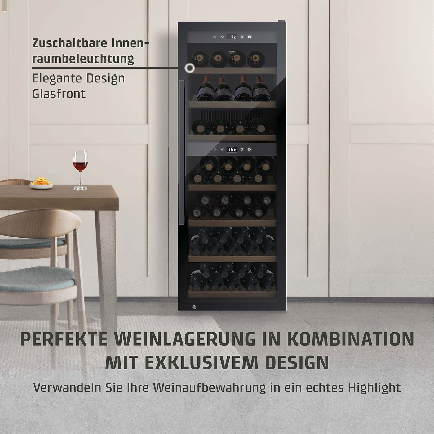 Weinkühlschrank mit Glasfront, Innenbeleuchtung und elegantem Design für perfekte Weinlagerung.