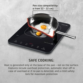Induction cooktop with fried egg, pot diameter 12-22cm, safe cooking, lock function