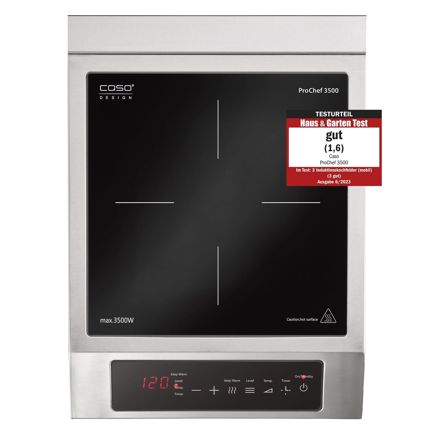 Induction cooktop with 'good' rating from Haus & Garten Test, 3500W power.
