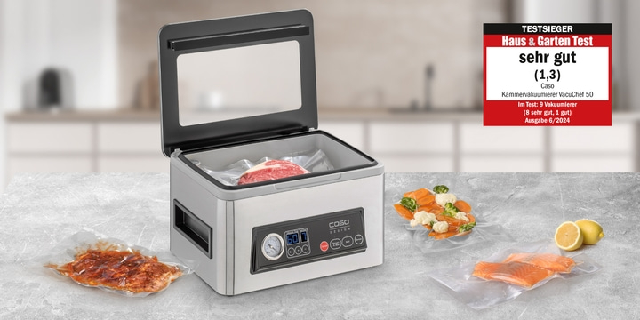 Vacuum sealer with food, test award, very well rated, kitchen appliance.