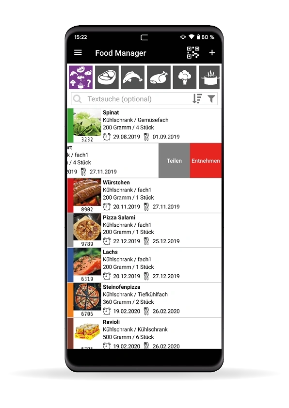 Lebensmittelverwaltung App mit Liste von Lebensmitteln und Icons