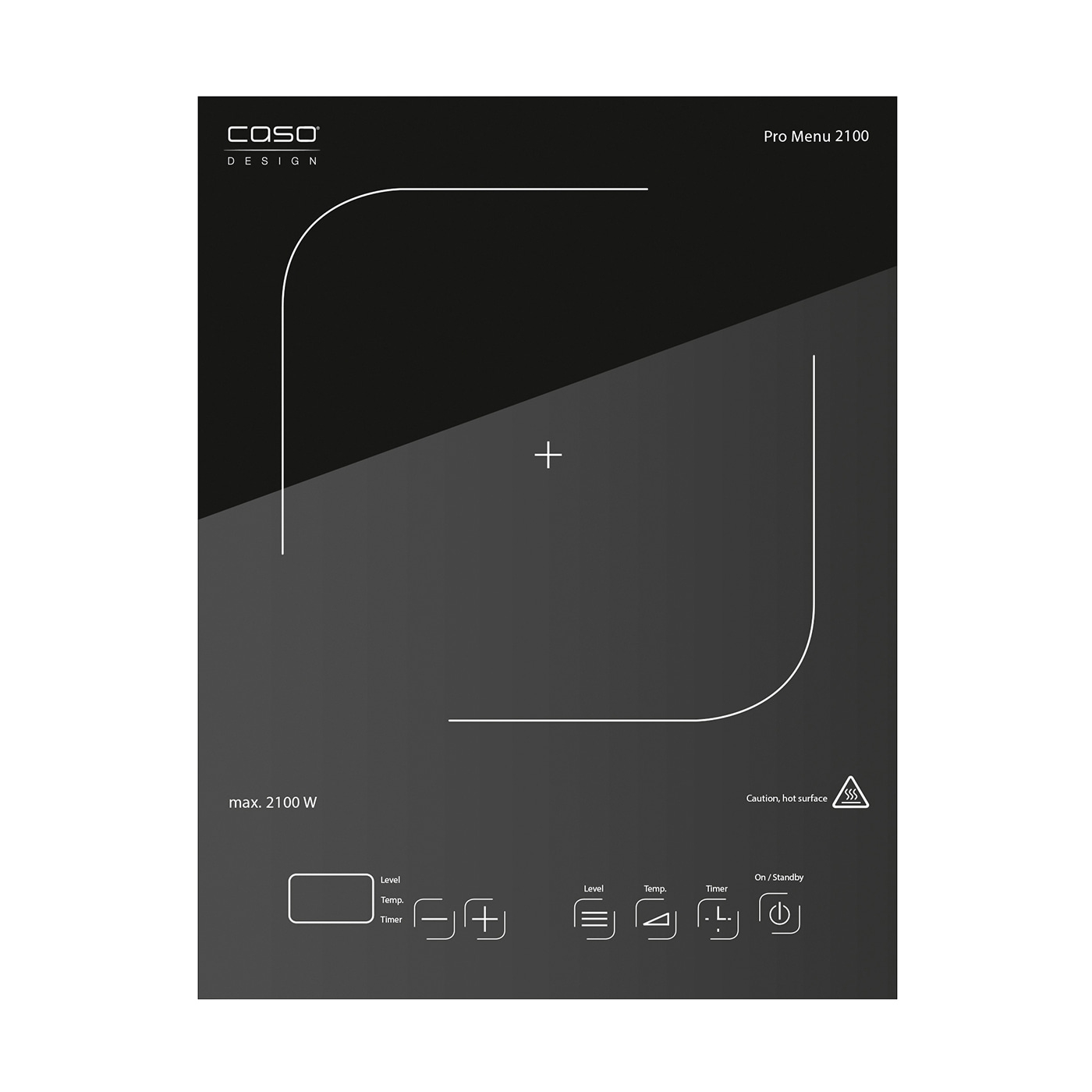 Induction cooktop with control panel, hot surface warning, and power specification.