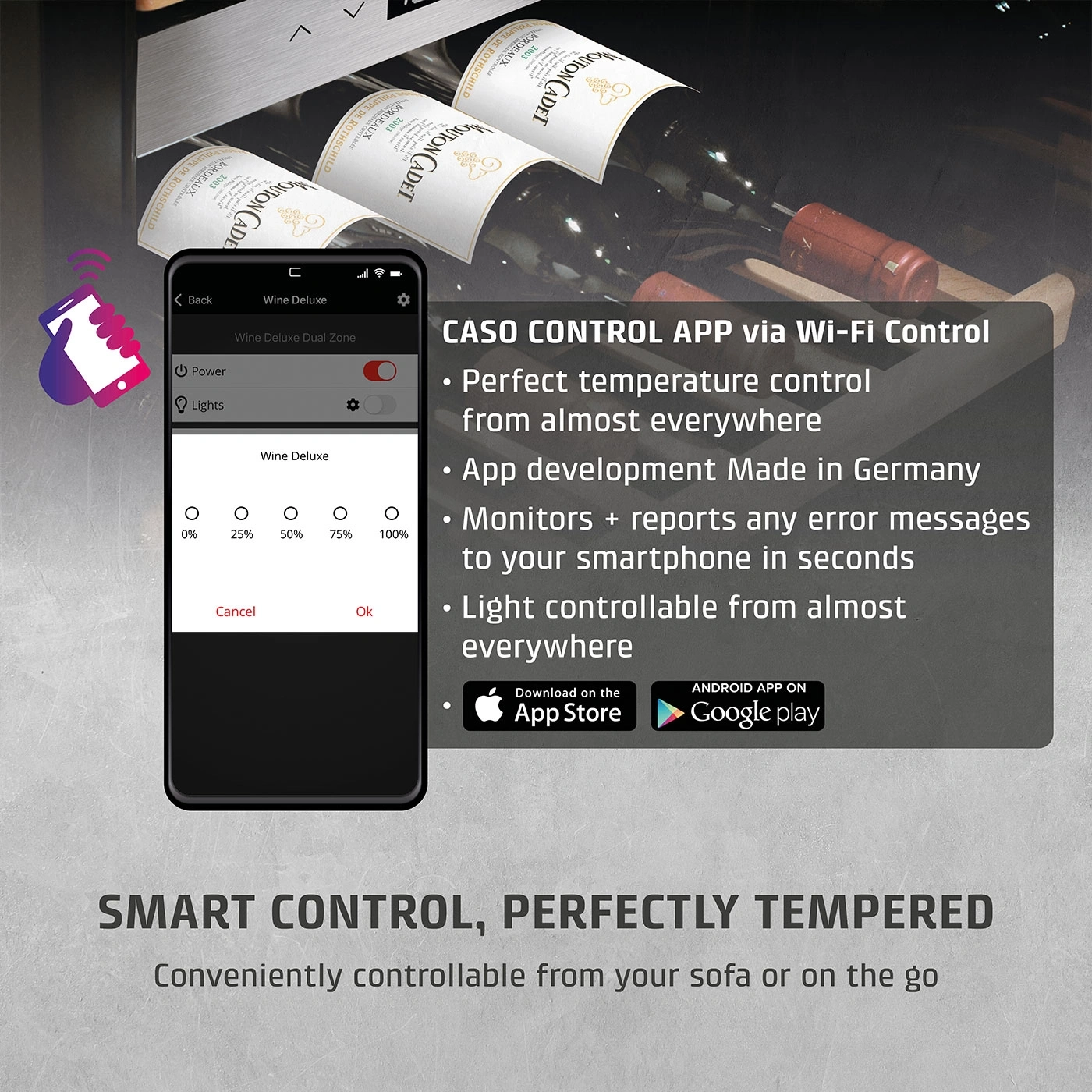 Smartphone app controlling wine cooler, temperature, light, Wi-Fi, App Store, Google Play, smart control