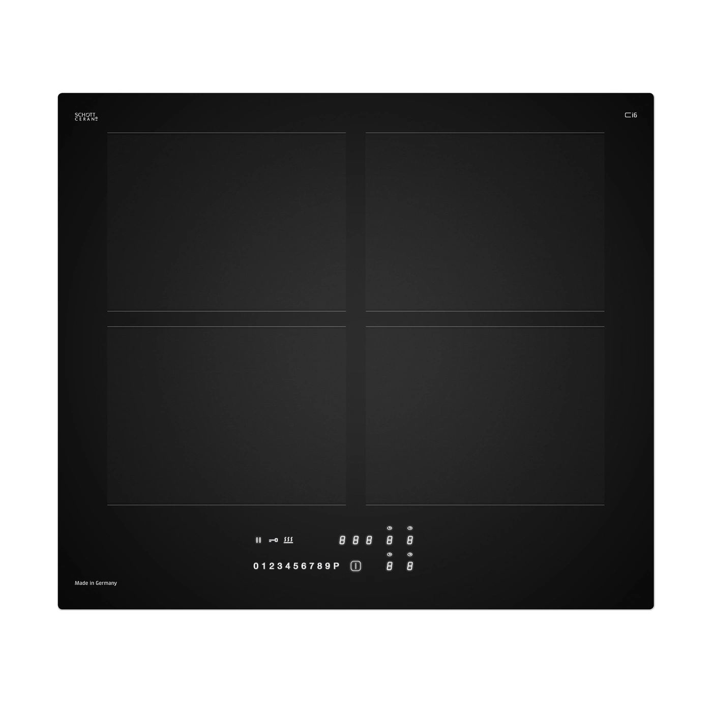 A black ceramic hob with digital controls and the Schott Ceran logo.