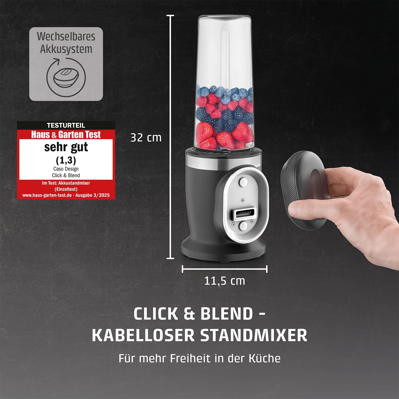 Kabelloser Standmixer mit Wechselakku und Früchten, Maße 32x11,5 cm.