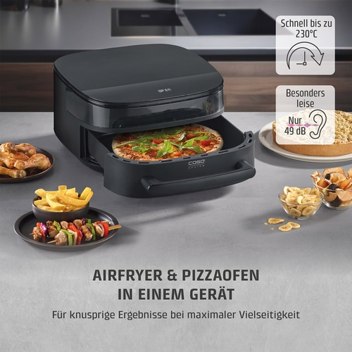 Ein schwarzer Airfryer und Pizzaofen mit Pizza, Hähnchen, Pommes und Kuchen.