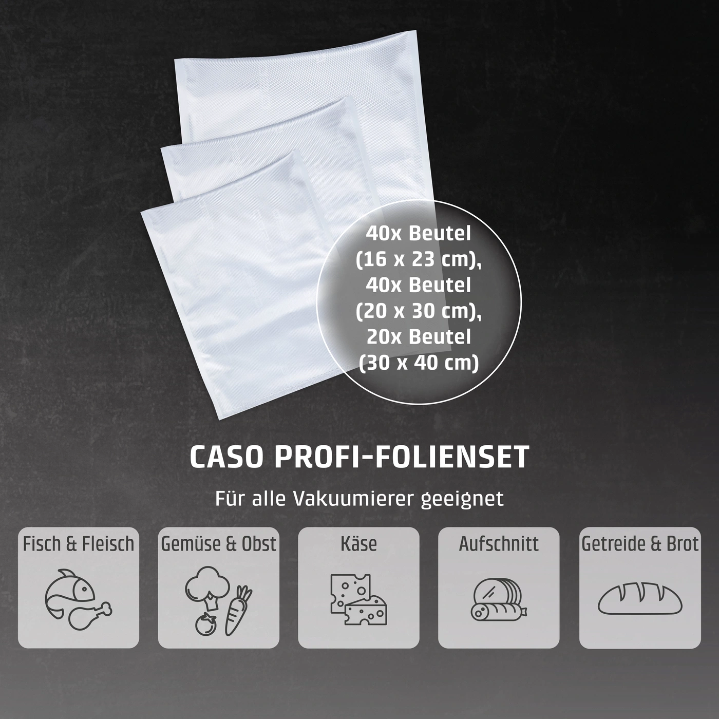 CASO PROFI-FOLIENSET, Vakuumierer, Beutel, Fisch, Fleisch, Gemüse, Obst, Käse, Aufschnitt, Getreide, Brot