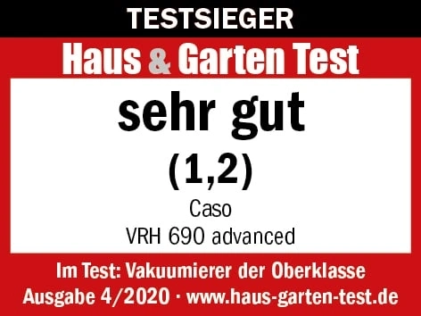 Test award for Caso VRH 690 advanced vacuum sealer with a very good rating (1.2) from Haus & Garten Test.