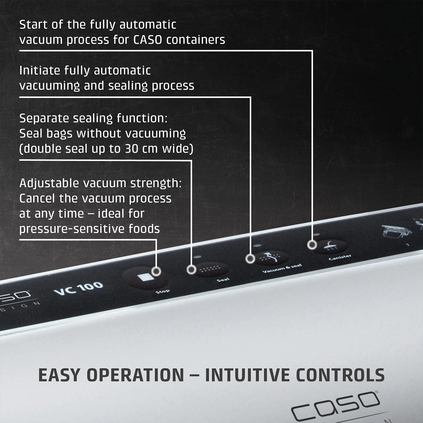 Vacuum sealer with features: start, vacuum, seal, stop, canister, easy operation, for food.