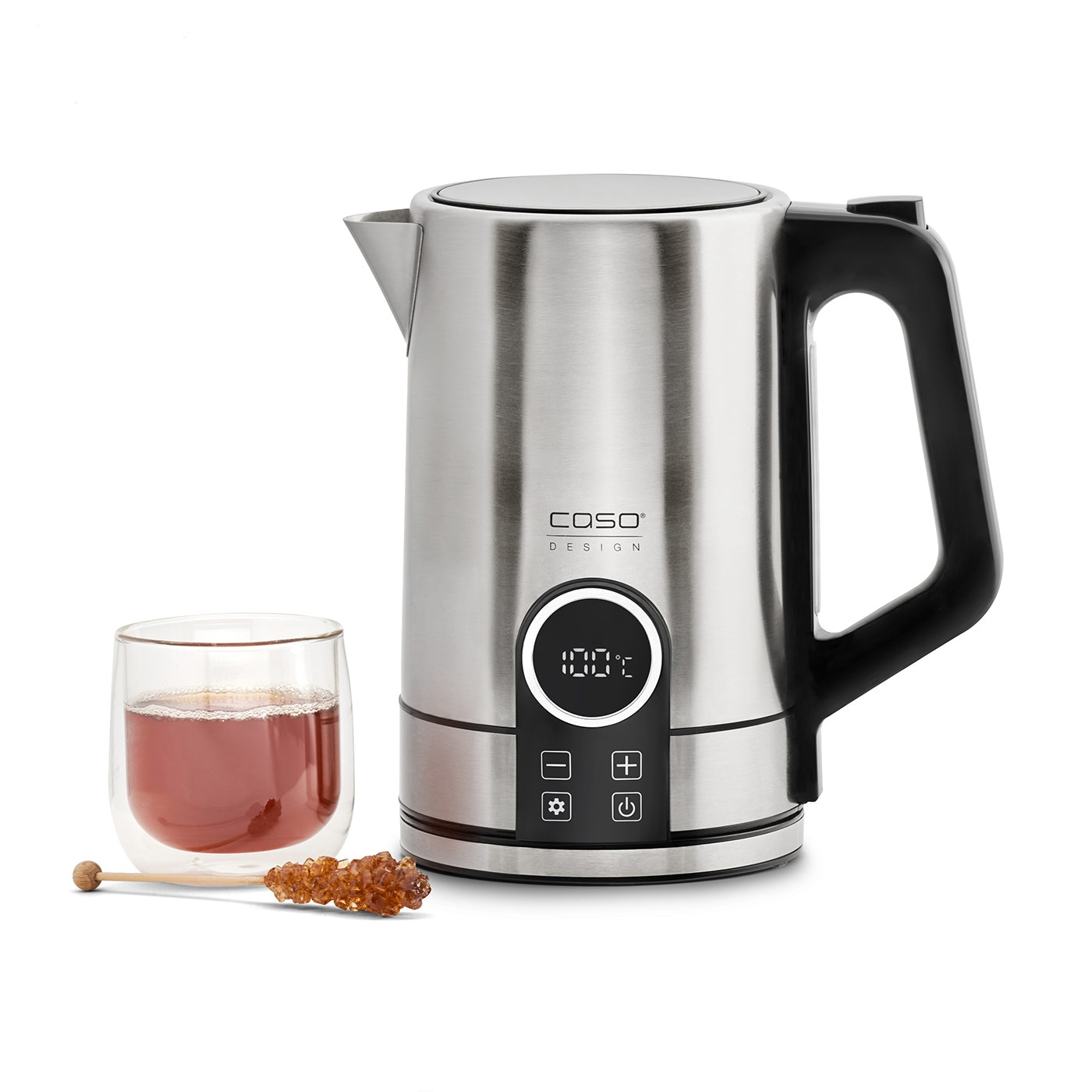 Stainless steel kettle with glass, tea, and sugar stick. Modern design.