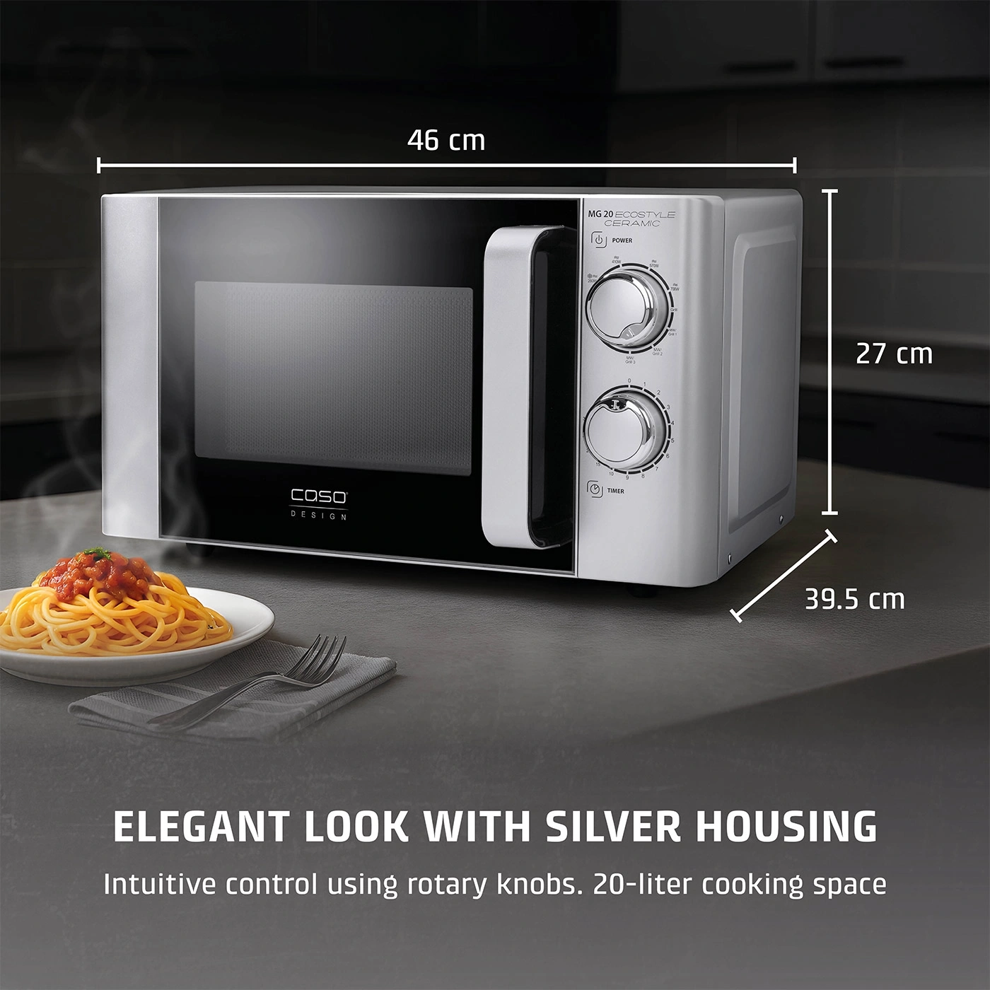 Silver microwave, 50x29x42cm, 25 liter capacity, rotary controls, 5 power levels, grill