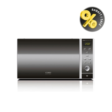 Microwave with discount symbol, black design, digital display, Caso brand, sale offer.