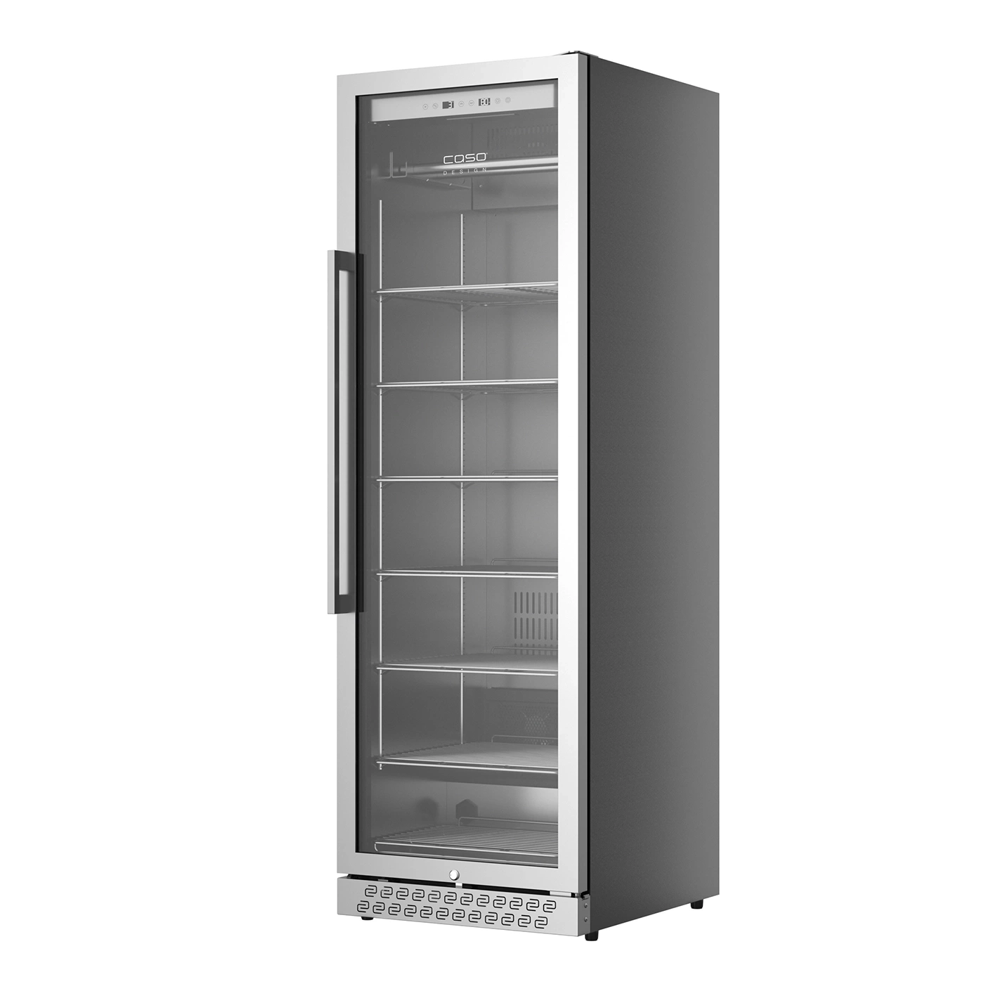 A silver refrigerator with a glass door and six shelves.