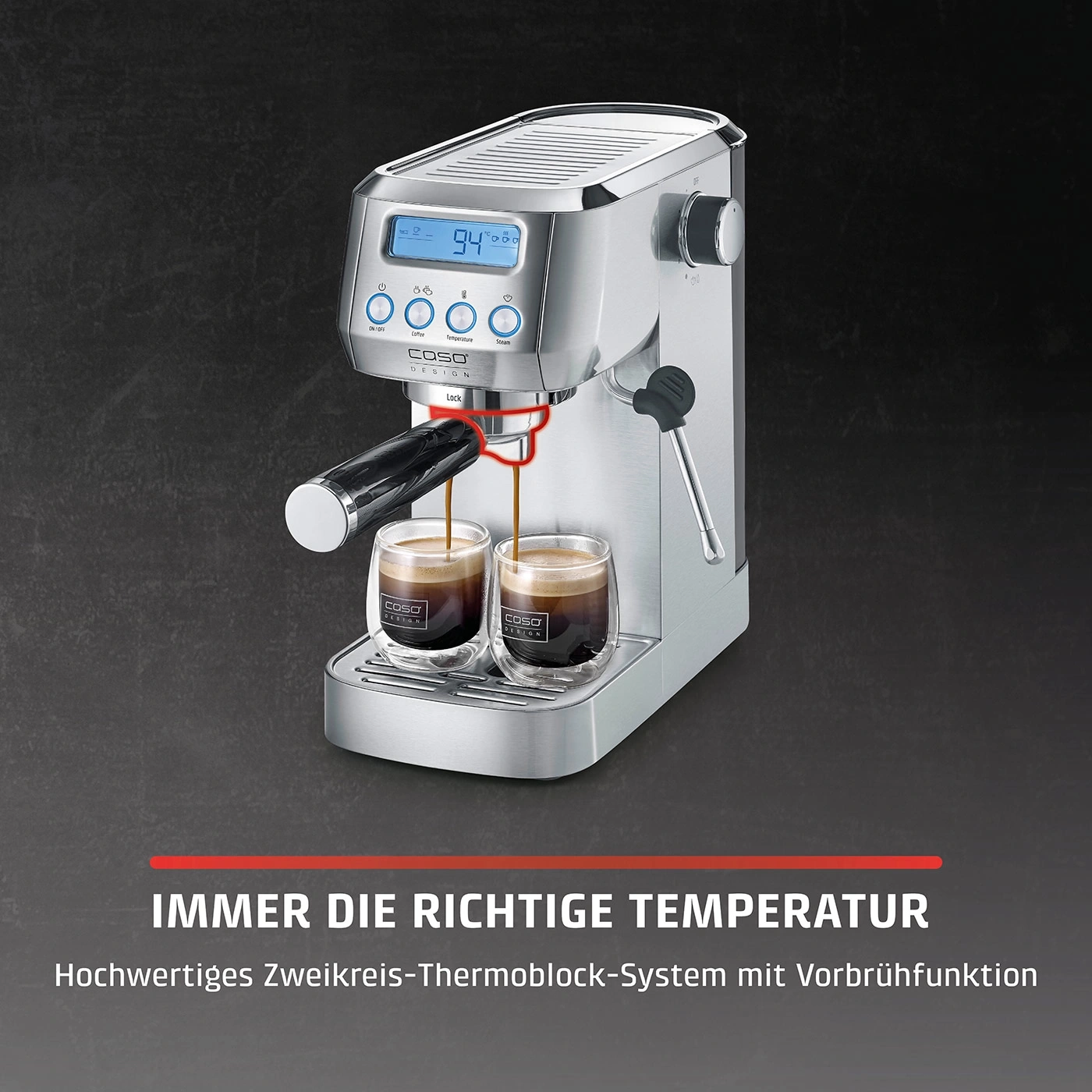 Espressomaschine mit Temperaturanzeige, zwei Tassen Kaffee, Text: Immer die richtige Temperatur.
