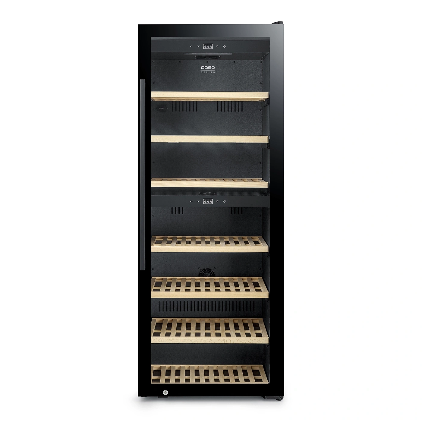 Ein schwarzer Weinkühlschrank mit Holzböden und digitaler Anzeige.