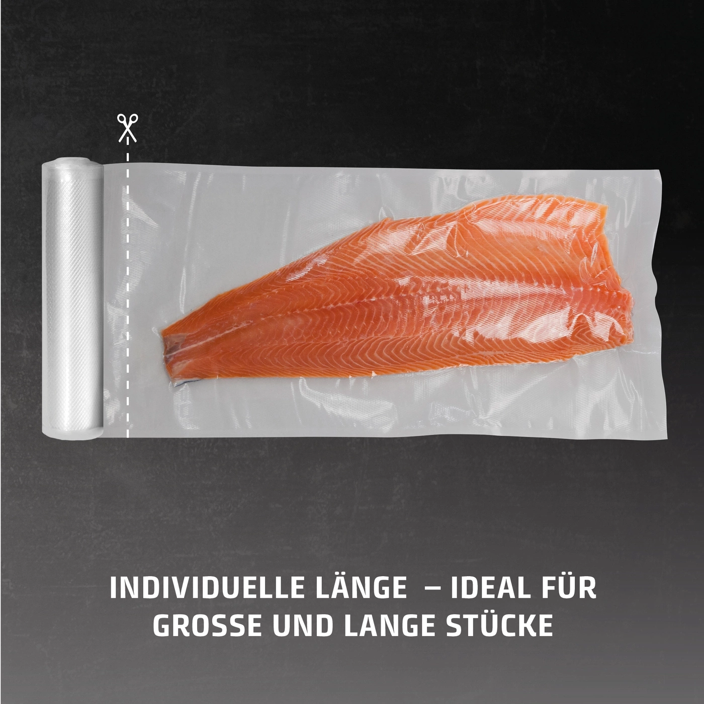 Ein aufgerolltes Vakuumierbeutel mit einem Lachsfilet und Text.