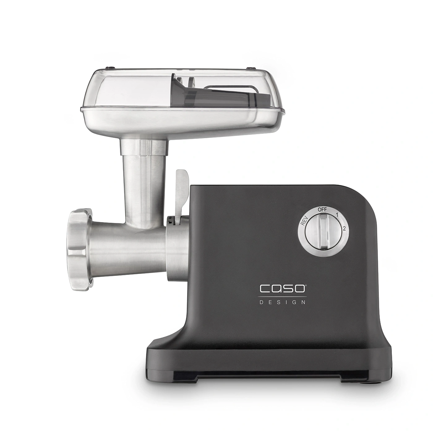 Meat grinder, electric, black, stainless steel, Caso Design, kitchen appliance, close-up, isolated, white background