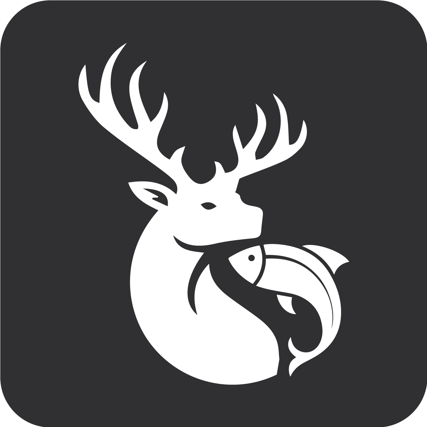 Minimalist logo of a deer and fish, white on dark background, hunting