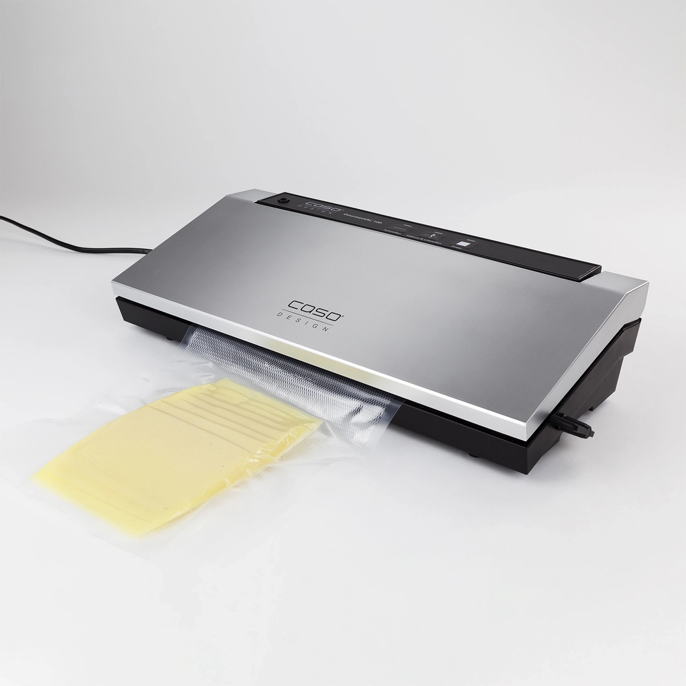 Vacuum sealer with cheese in a bag, silver and black, COSO Design
