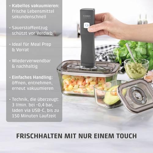 Vacuum sealer with containers for fresh food, meal prep, and storage.
