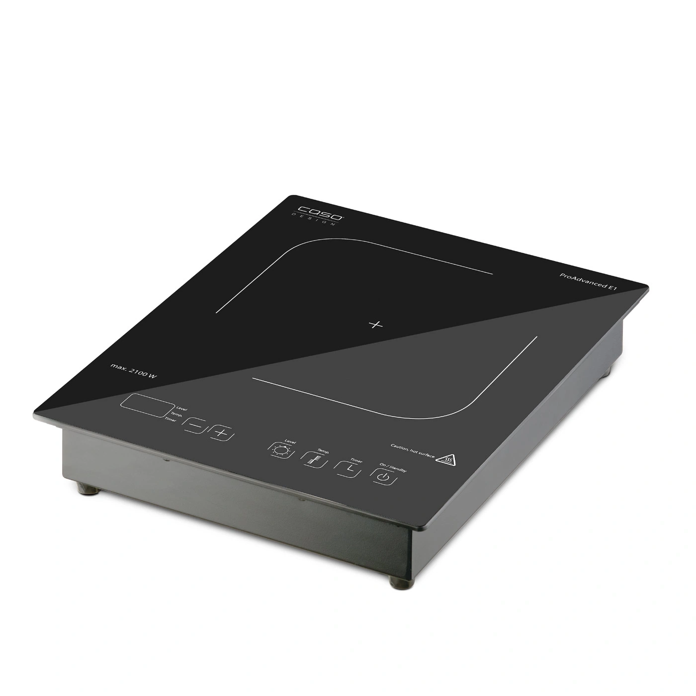 Schwarzes Kochfeld mit Bedienfeld und Warnhinweisen, Caso Design ProAdvanced E1.