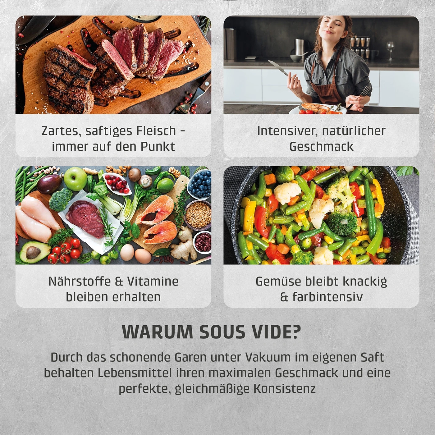 Verschiedene Lebensmittel und Gerichte, die mit Sous Vide zubereitet wurden.