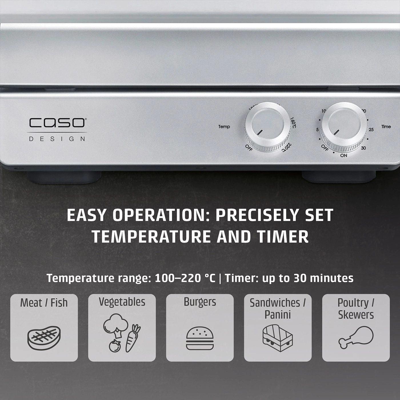 A metallic contact grill with two knobs and icons for meat, vegetables, hamburger, sandwich, and poultry.