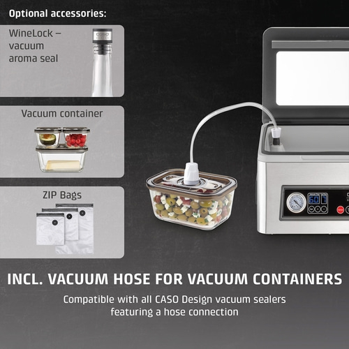 Vacuum sealer with accessories: vacuum containers, zip bags, wine bottle stopper.