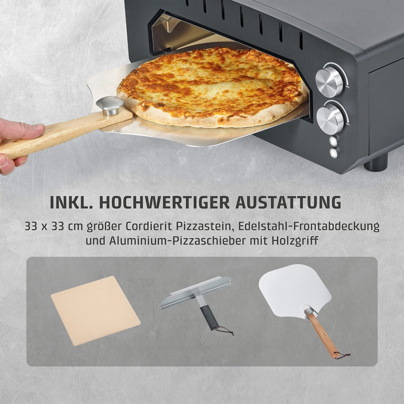Ein Mann nimmt eine Pizza aus einem Pizzaofen mit einem Pizzaschieber.