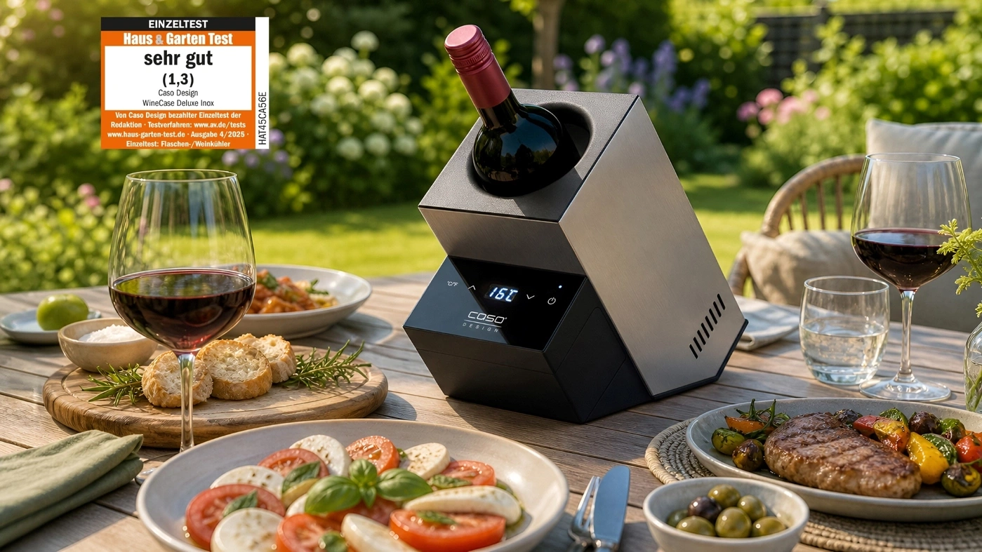 Outdoor dining with wine: bottle cooler, steak, salad, and red wine on wooden table.
