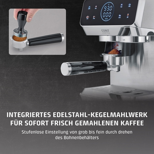 Edelstahl-Kaffeemaschine mit integriertem Mahlwerk und Siebträger