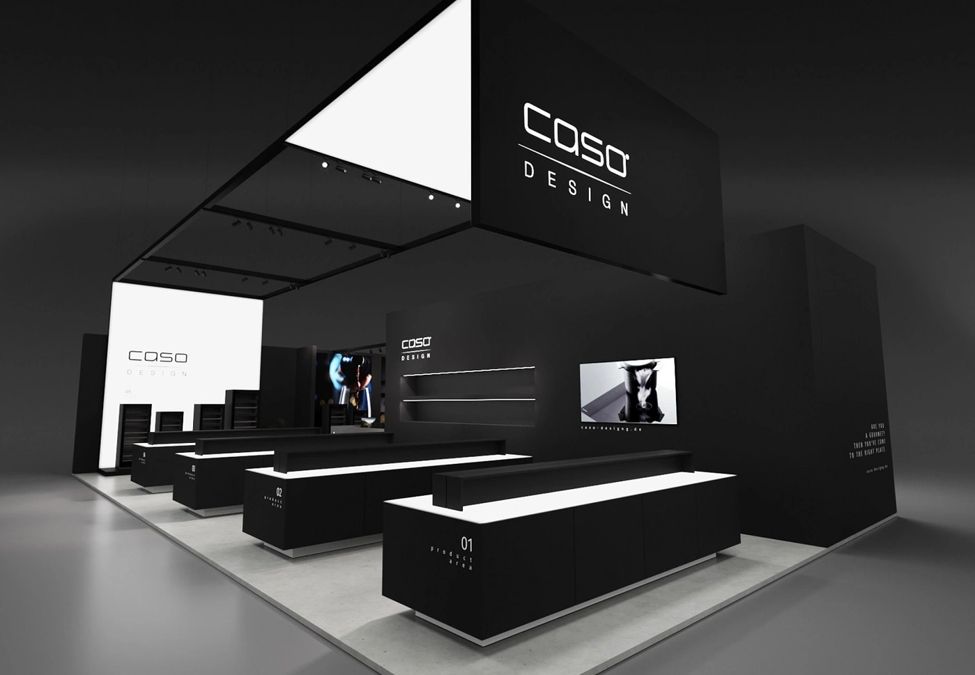 Schwarzer Ausstellungsstand mit Caso Design Logo und Produktpräsentation.