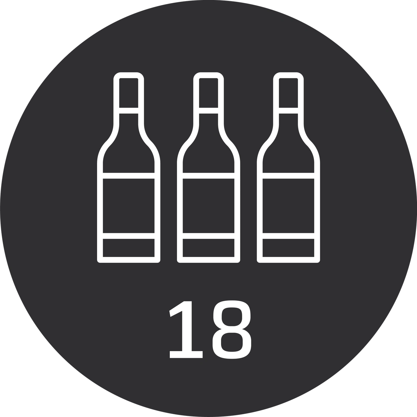 Three wine bottles with the number 18 on a dark background, in a circle.