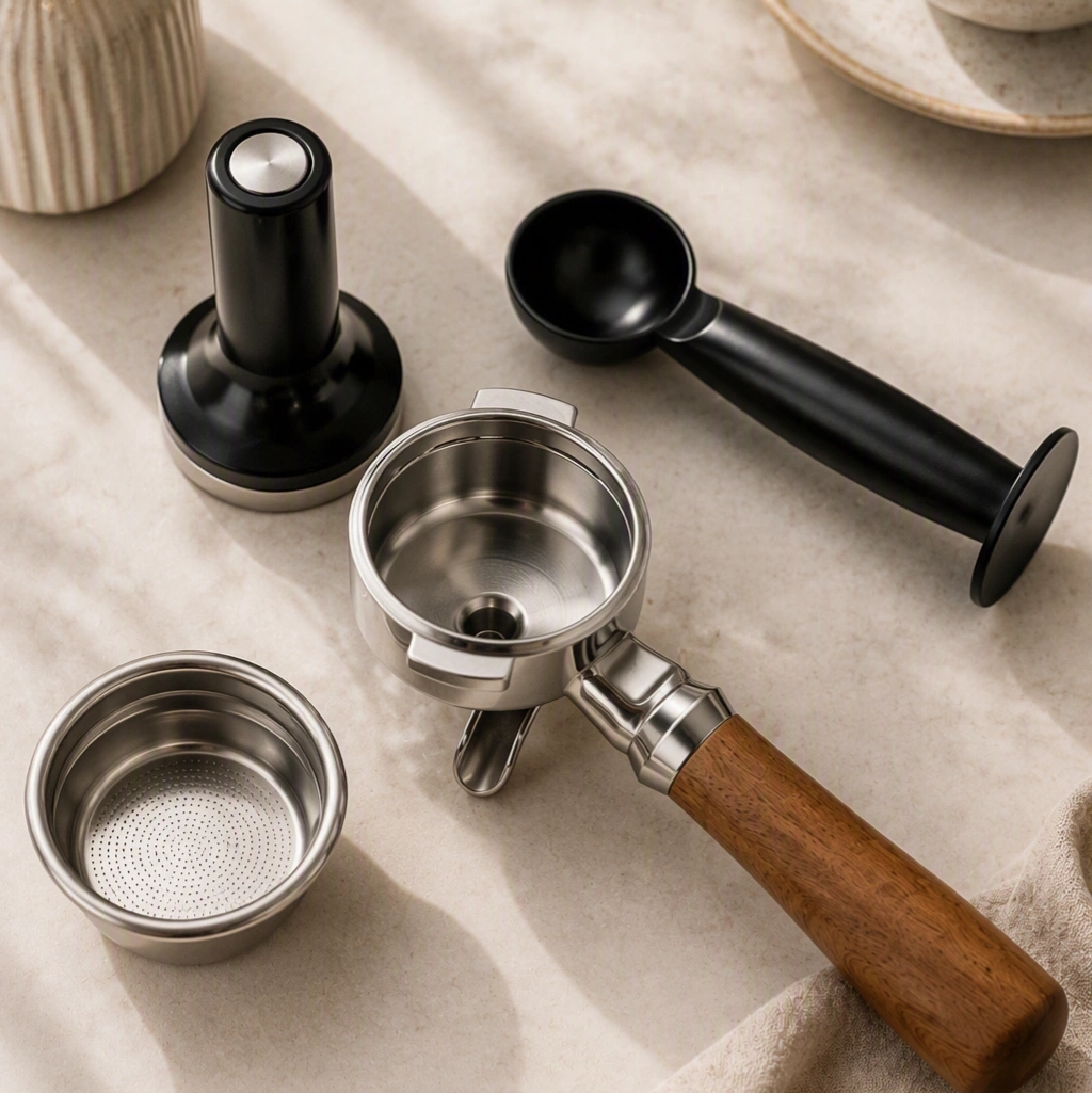 Coffee tamper, scoop, and portafilter on a cloth