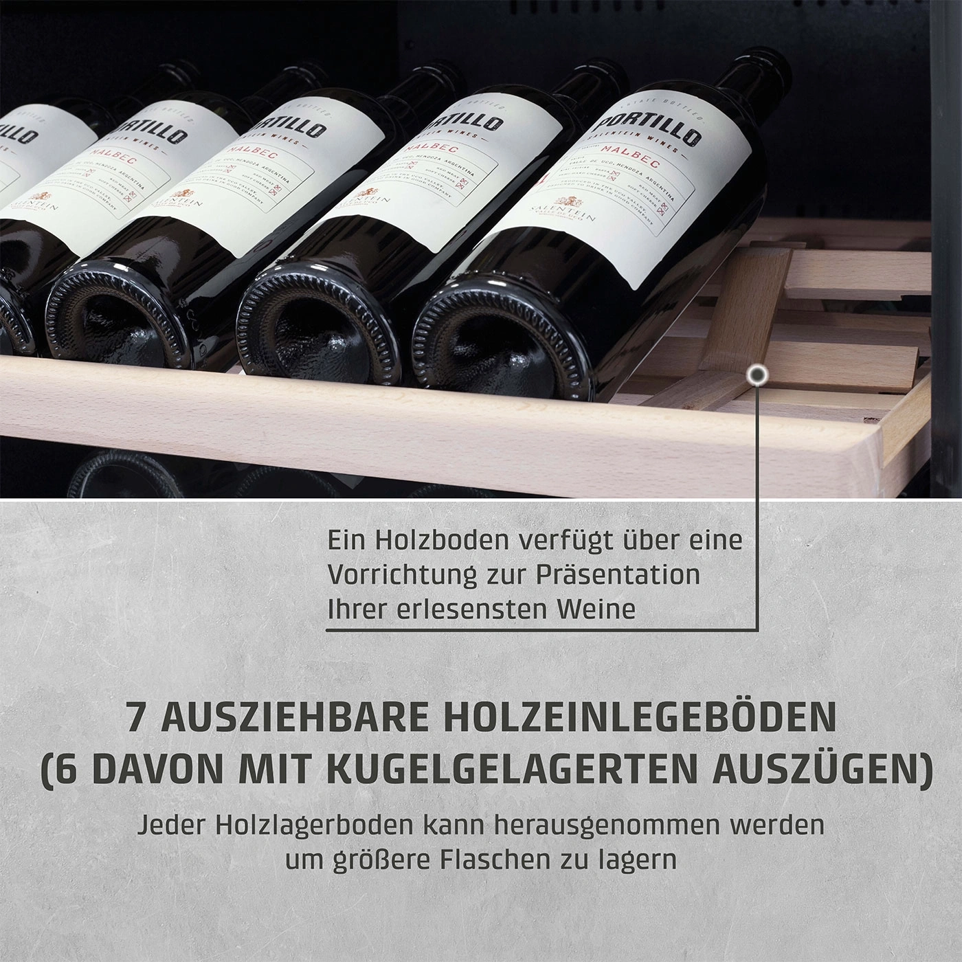 Weinkühlschrank mit Holzregalen und Weinflaschen, Präsentationsvorrichtung, Malbec-Wein