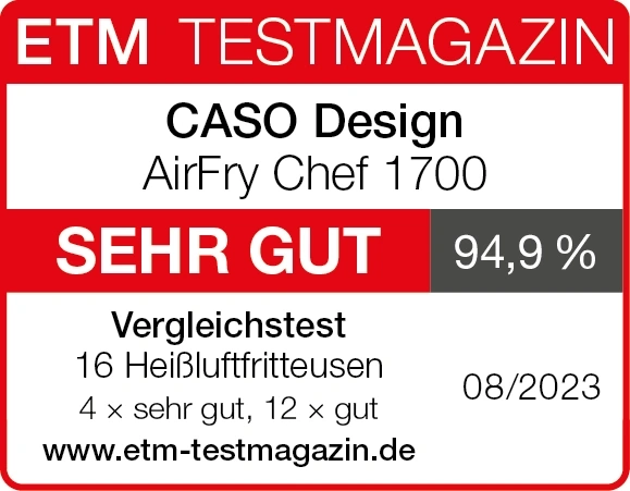 ETM test magazine, CASO AirFry Chef 1700, VERY GOOD, 94.9%, comparison test, 08/2023