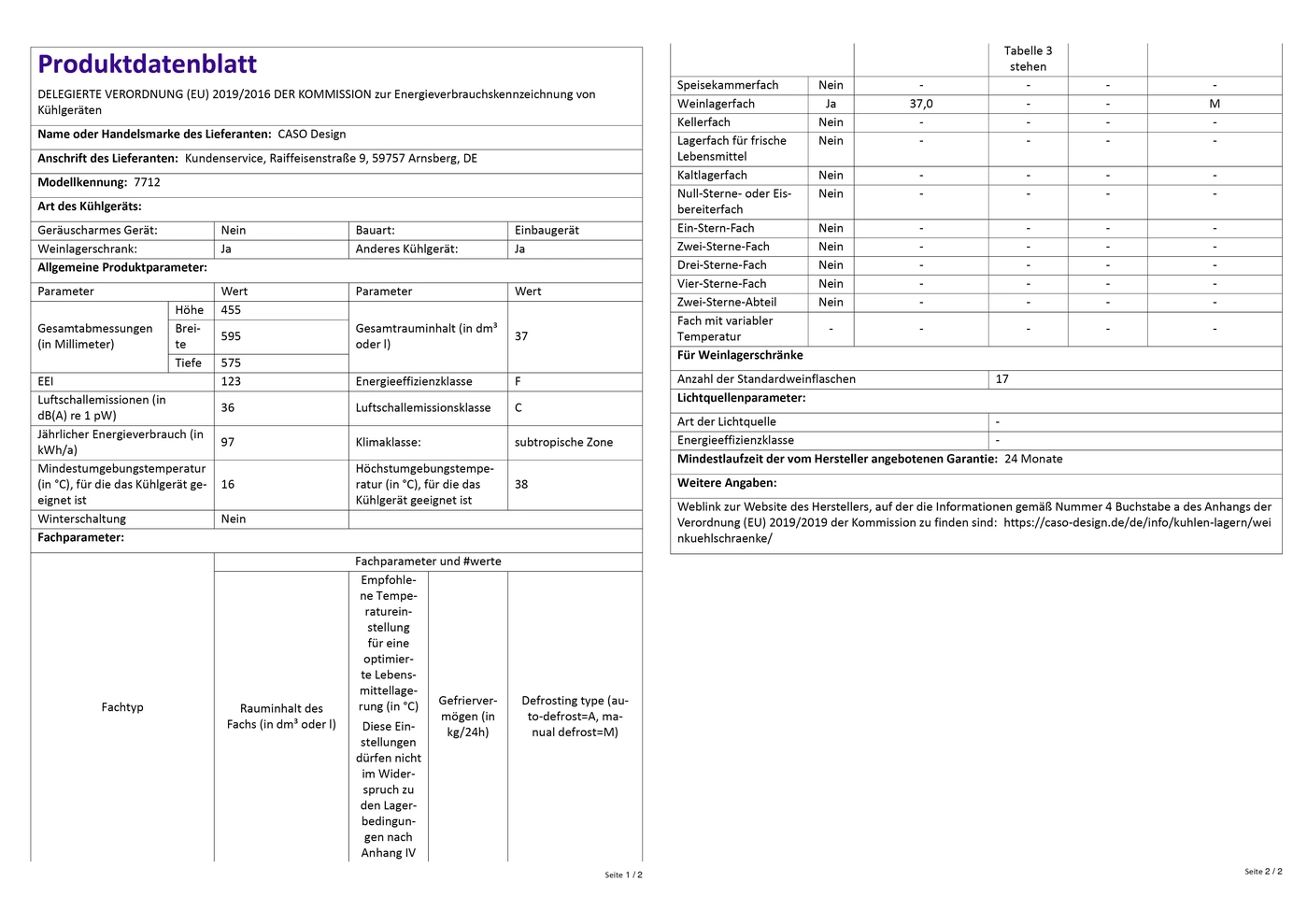 Produktdatenblatt mit technischen Daten zu einem Kühlschrank von Caso Design.