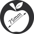 Apfel-Symbol mit 75mm Messung in einem dunklen Kreis auf schwarzem Hintergrund.