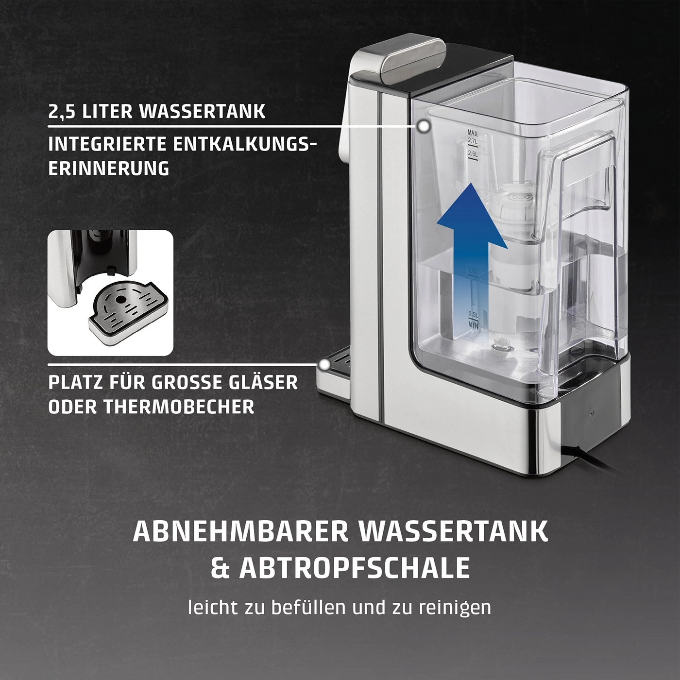 Kaffeemaschine mit großem Wassertank und abnehmbarer Abtropfschale