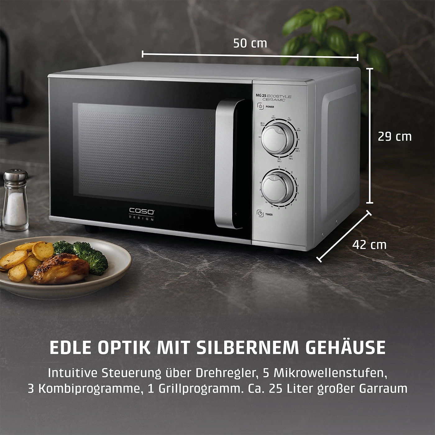 Mikrowelle mit silbernem Gehäuse, 50x29x42cm, 25 Liter Garraum, Drehregler, 5 Mikrowellenstufen