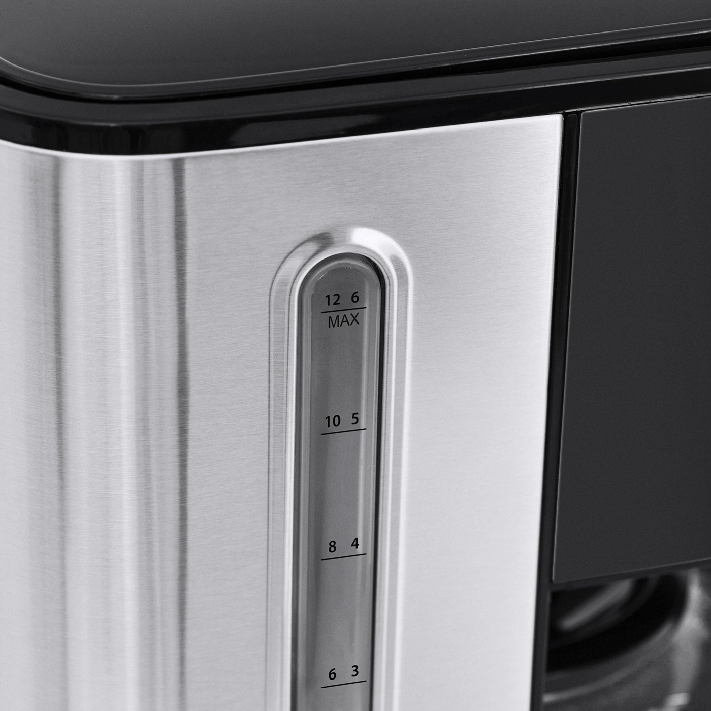 Coffee machine with water level indicator, stainless steel, black, close up, detail